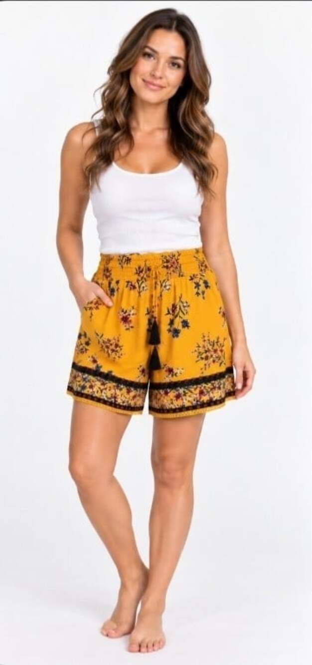 Angie Women’s Large Mustard Yellow Floral Boho Lounge Shorts Smocked Waist T100